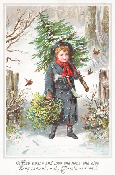 少年の肩越しにクリスマスツリーを運ぶ、クリスマスカード 作： English School
