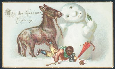 雪、クリスマスカードでロバから落ちる少年 作： English School