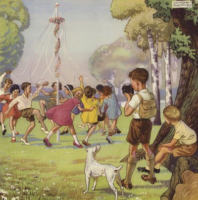 五月人形の周りで踊る子供たちを撮影する少年（カラーリトグラフ 作： English School