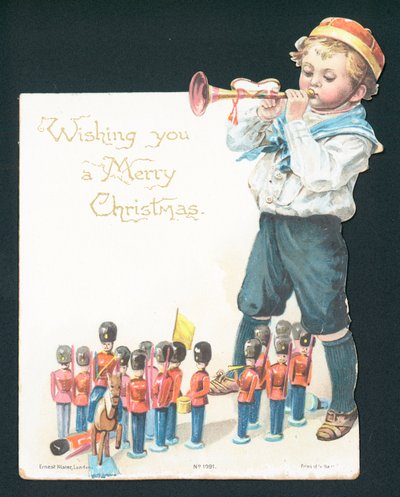 おもちゃの兵士と遊んで、トランペット、クリスマスカードを吹く少年 作： English School