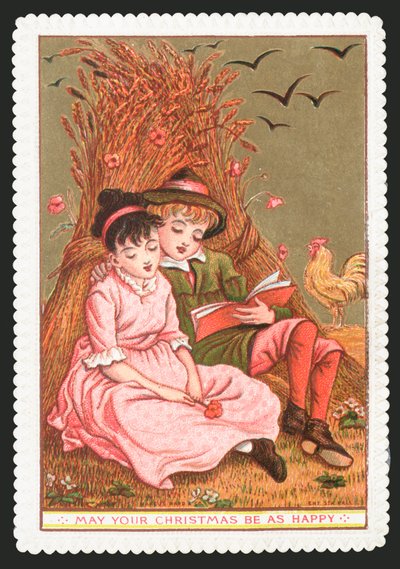 フィールドで女の子に本を読んでいる少年、クリスマスカード 作： English School