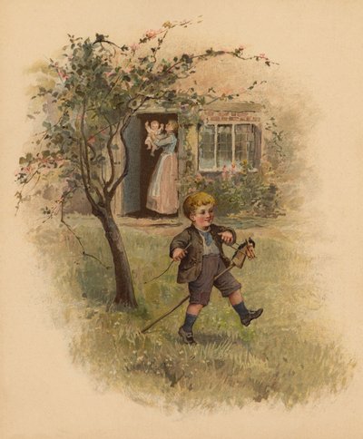 庭で趣味の馬に乗る少年（クロモリト） 作： English School