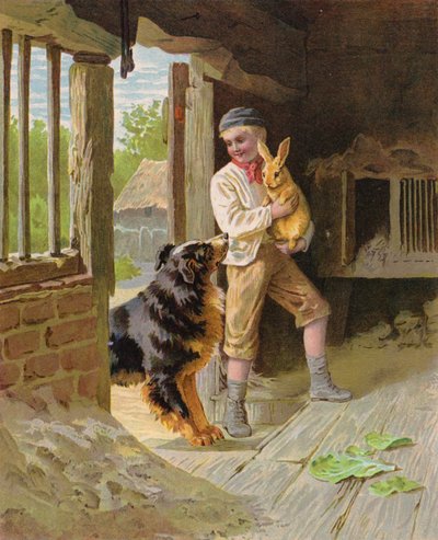 農場で犬とウサギを連れた少年 (クロモリト) 作： English School