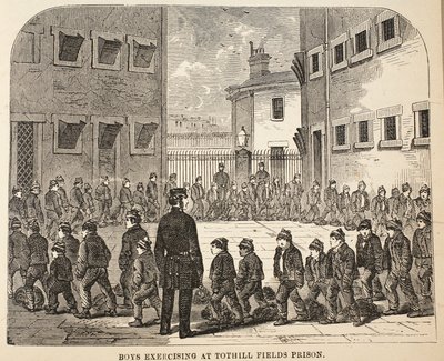 Tothill Fields Prisonで運動する男の子、ロンドンの刑務所刑務所のイラスト、Henry MayhewとJohn Binnyによる刑務所の生活のシーン、パブ。 1862 作： English School