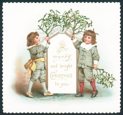 ヤドリギにぶら下がっている男の子、クリスマスカード 作： English School