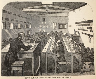 Tothill Fields Prisonの男の子のスクールルーム、ロンドンの刑務所刑務所のイラスト、Henry MayhewとJohn Binnyによる刑務所の生活のシーン、パブ。 1862 作： English School