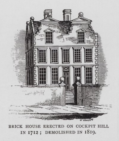 1712年にコックピットヒルに建てられたレンガ造りの家、1819年に取り壊された（彫刻 作： English School