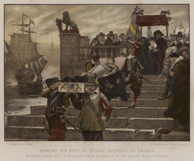 1632年にグスタフアドルフスの遺体をスウェーデンに運ぶ 作： English School