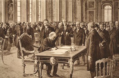 1919年6月28日、ベルサイユの鏡の間でドイツとの平和条約に調印する英国首相 作： English School