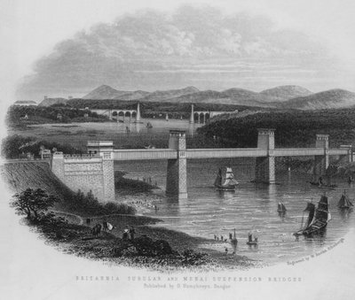 ブリタニア・チューブラー橋とメナイ吊橋（彫刻 作： English School