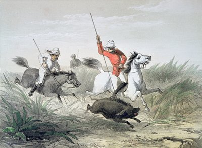 インドでワイルドピッグを狩る英国陸軍将校 作： English School