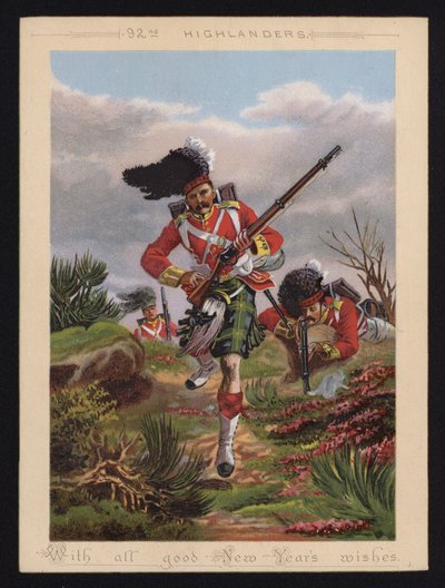 英国陸軍第92ハイランダーズの兵士、新年の挨拶状（カラーリトグラフ） 作： English School