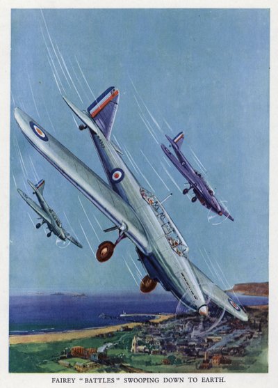 地面に向かって急降下するイギリスのフェアリー・バトル軽爆撃機（カラーリトグラフ 作： English School