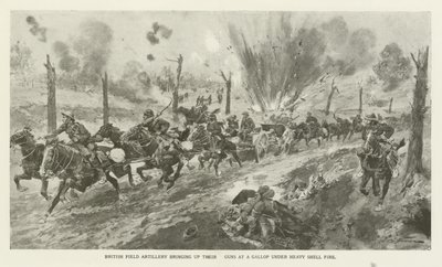 第一次世界大戦の重砲撃の下でギャロップに銃を持ち込んだイギリス野戦砲 作： English School