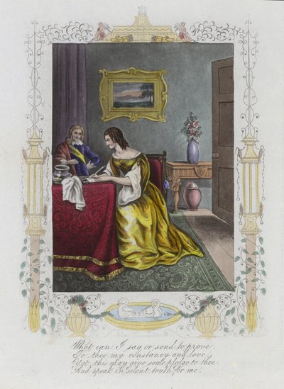 机で手紙を書く女性のイメージとイギリスのバレンタインカード 作： English School