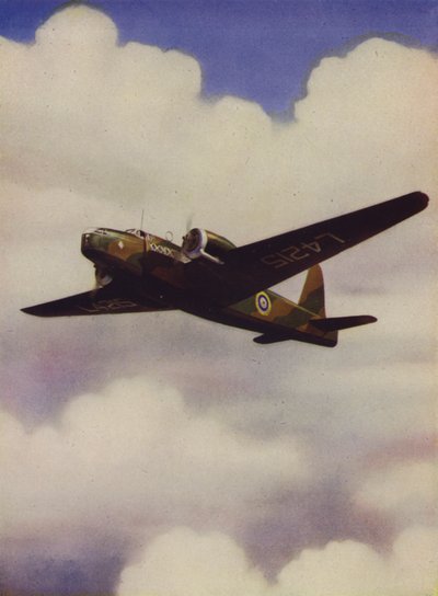 飛行するイギリスのビッカース・ウェリントン中型爆撃機（カラーリトグラフ 作： English School