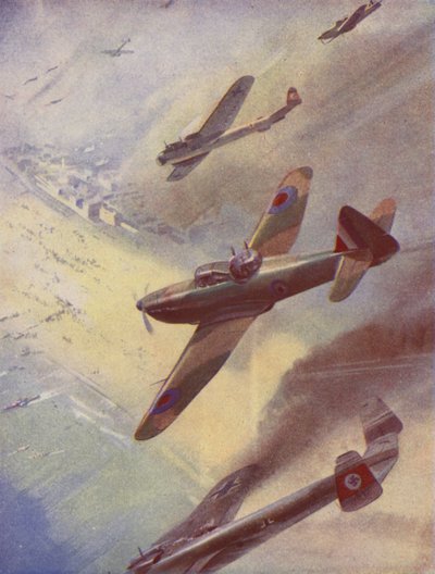 ドイツ軍爆撃機を攻撃するイギリス軍機（カラーリトグラフ） 作： English School