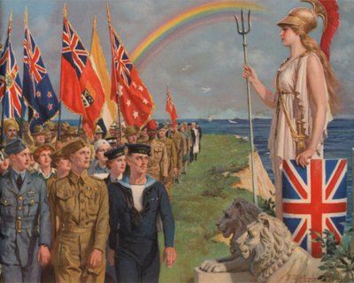 ブリタニアの前をパレードする大英帝国の軍人と民間人（カラーリトグラフ 作： English School