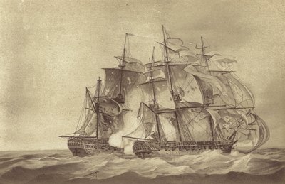 1796年6月、フランスのフリゲート艦タミーズを捕らえたトーマス・バイアム・マーティン艦長のイギリスのフリゲート艦HMSサンタ・マルガリータ（リトグラフ 作： English School