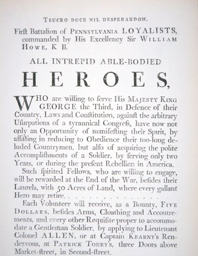 アメリカ独立戦争中、ペンシルバニア・ロイヤリスト第一大隊のイギリス人募集ポスター（彫刻版 作： English School