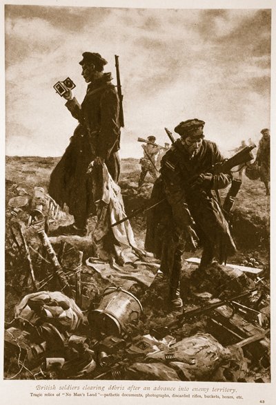 1914〜19年に敵の領土に進出した後、イギリスの兵士ががれきを片付ける 作： English School
