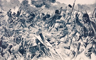 1916年にロンドンで公開された「The War Illustrated Album deLuxe」から、1915年9月25日、フランスのルースでガスマスクを着用したイギリス軍がドイツの塹壕を突撃 作： English School