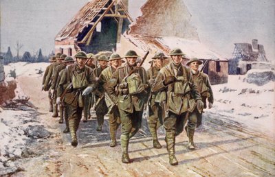 1914〜19年の冬の状態で行進中のイギリス軍 作： English School