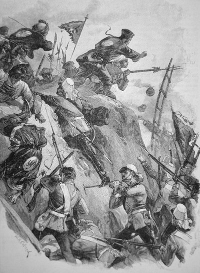 アヘン戦争中の1860年、中国のタク砦を襲撃するイギリス軍（リトグラフ 作： English School