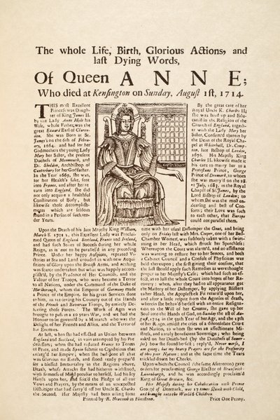 1714年8月1日（日）のアン女王の死去に合わせて発行されたブロードサイド（版画・木版）。 作： English School