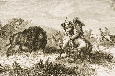 セントルイスとデンバーの間のグレートプレーンズでのバッファロー狩猟、1870年、「アメリカンピクチャーズ」より 作： English School