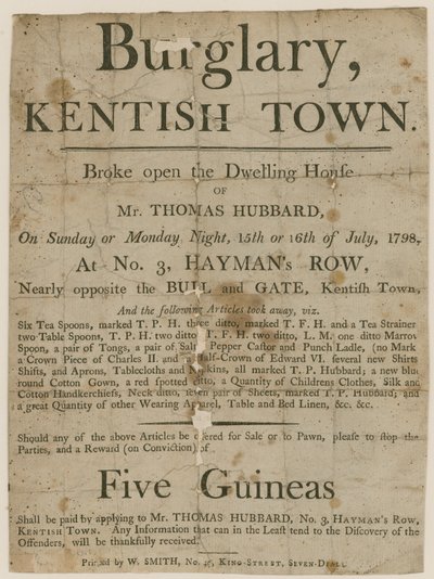 1798年のケンティッシュタウンの強盗。£5の報酬 作： English School