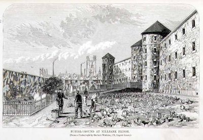 ヘンリー・メイヒュー（1812-87）とジョン・ビニーによる「The Criminal Prisons of London and Scenes of Prison Life」より、ミルバンク刑務所の埋葬地。 作： English School