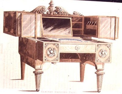 1824年に出版されたアッカーマンの「芸術、文学、商業、製造、ファッション、政治のリポジトリ」の136番プレートのキャビネット・ドレッシングケース（カラーリトグラフ 作： English School