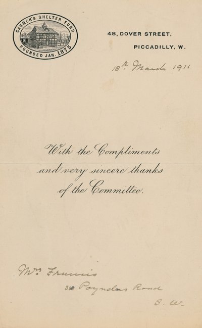 1875年1月に設立されたCabmens Shelter Fun。手紙 作： English School