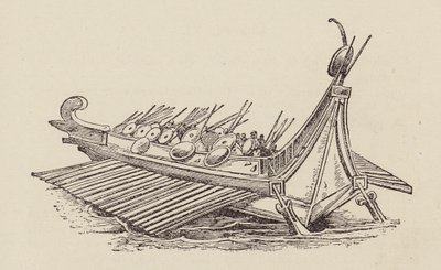 カエサル、ガリア戦争：ローマの軍艦（リトグラフ） 作： English School