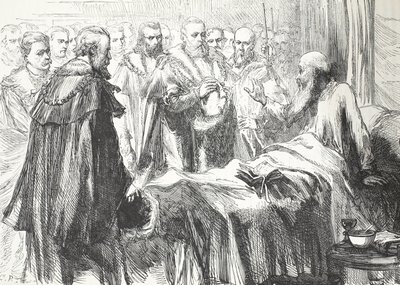 カルバンが最後に理事会で演説した、ジェームズ・エイトケン・ワイリー（1808-1890）によるパブのプロテスタンティズムの歴史からのイラスト。 1878 作： English School