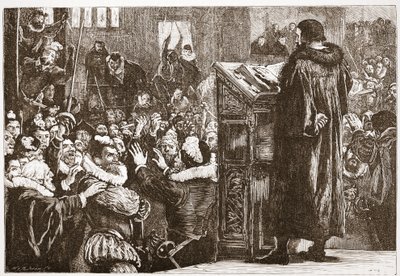 カルヴァンはリブの教会で脅迫した、ジェームス・エイトケン・ワイリー（1808-1890）によるパブのプロテスタンティズムの歴史からのイラスト。 1878 作： English School