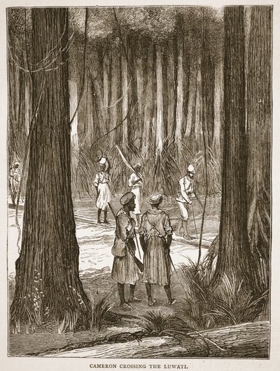 ルワティ川を横断するキャメロン、イラスト：生活の絵本とデビッドリビングストンの発見（J.ユーイングリッチー著、パブ） A. Fullarton＆Co.、1876年 作： English School