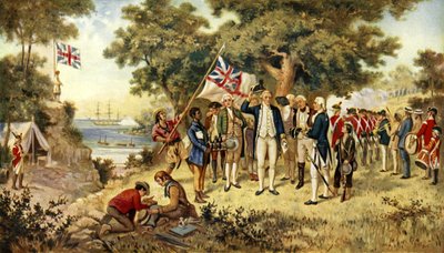 1770年にニューサウスウェールズ州を占領するクック船長 作： English School