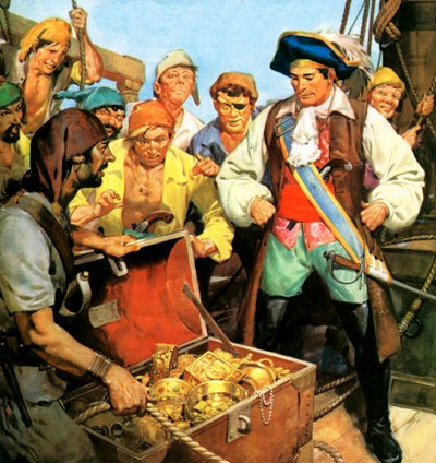 1701年、キッド船長が絞首台まで持っていった失われた財宝の秘密（カラーリトグラフ） 作： English School