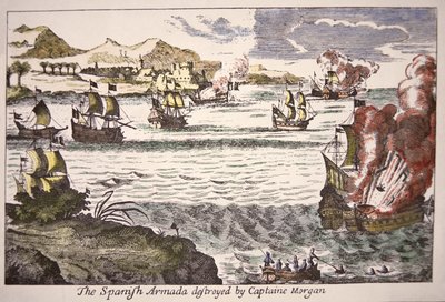 1669年、マラカイボ湖の河口を封鎖したスペイン軍艦を撃破するキャプテン・モーガン（カラー図版 作： English School