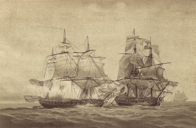 1798年10月20日、フランス・ブレスト沖でのトーマス・バイアム・マーティン艦長が指揮するイギリスのフリゲート艦HMSフィスガードによるフランスのフリゲート艦l