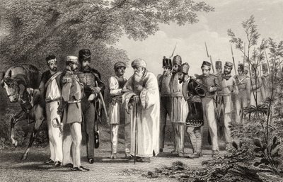 1858年に出版された「インド反乱の歴史」からのキャプテンホドソンによるデリーの王の捕獲 作： English School