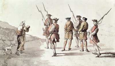 反逆者の捕獲、サイモン・フレイザー、ロバット卿 (1667?-1747) (紙に水彩) 作： English School