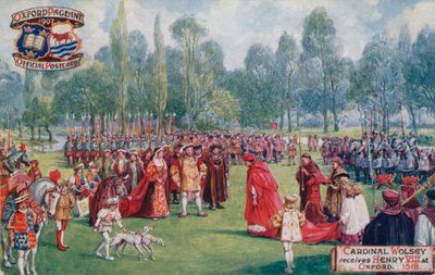 ウォルジー枢機卿は1518年にオックスフォードでヘンリー8世を受け取る 作： English School