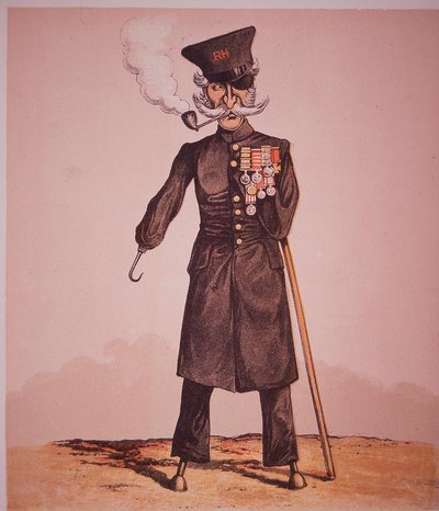 王立病院のチェルシー年金受給者の風刺画（Seccombe少佐の「Army and Navy Drolleries」より）（彩色済み彫刻版 作： English School