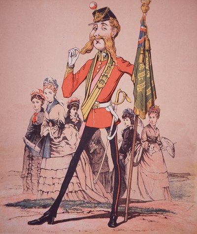 連隊旗を持つ歩兵下士官の風刺画（Seccombe少佐の「Army and Navy Drolleries」より 作： English School