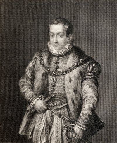 1855年に出版された「フィリップ2世の治世の歴史」からのアストゥリアスの王子、カルロス 作： English School