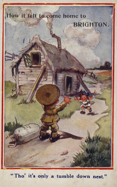小さな男の子の兵士が女の子に戻って破壊された家の漫画宣伝はがき 作： English School