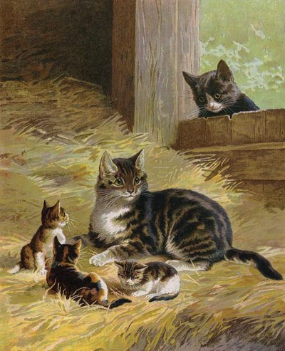納屋で子猫と一緒にいる猫 (クロモリソ) 作： English School
